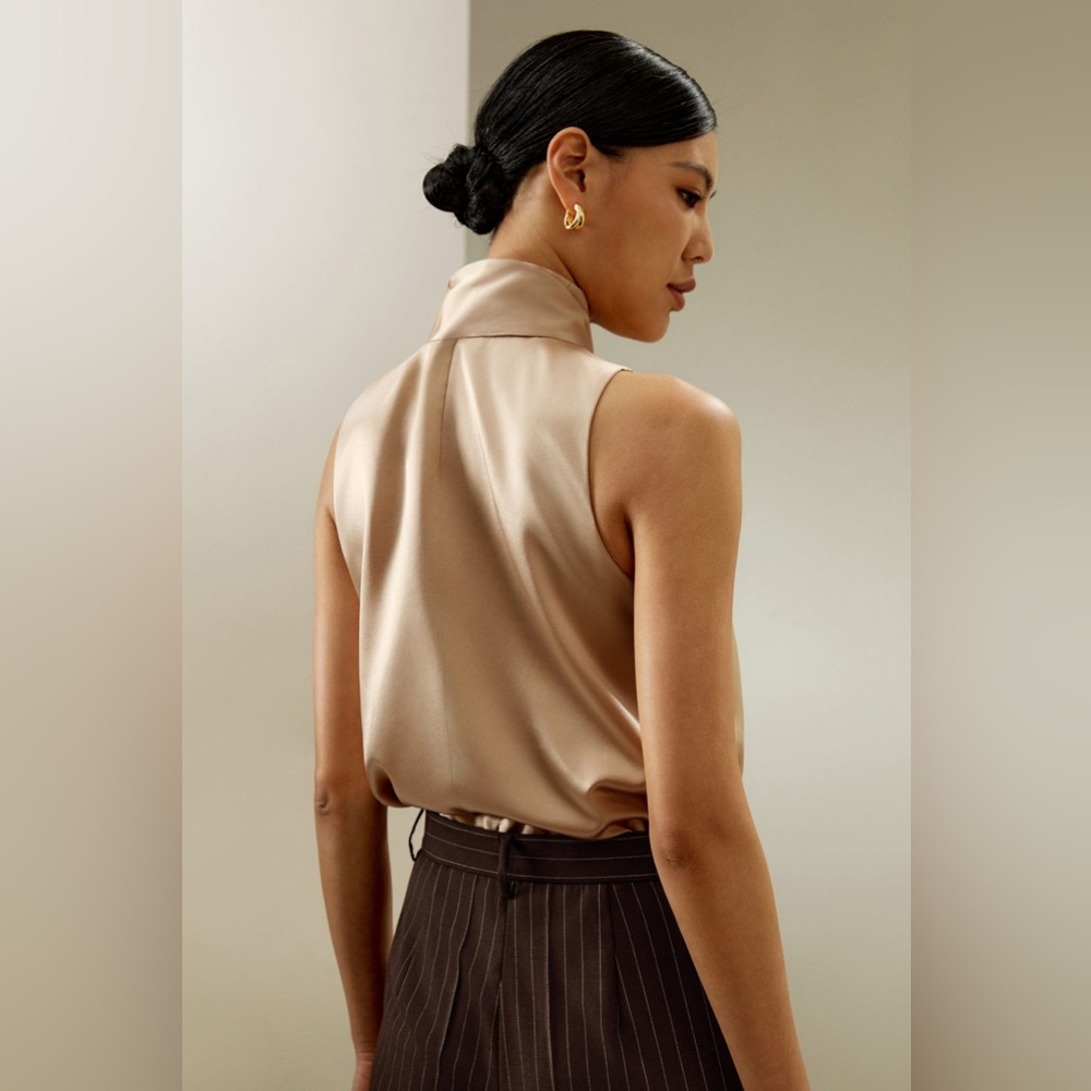 Sleeveless Tie-Neck Silk Blouse in Light Camel
